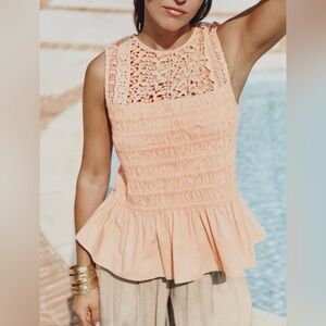NWT Zara Peplum Crochet Lace Sleeveless Top - Peach